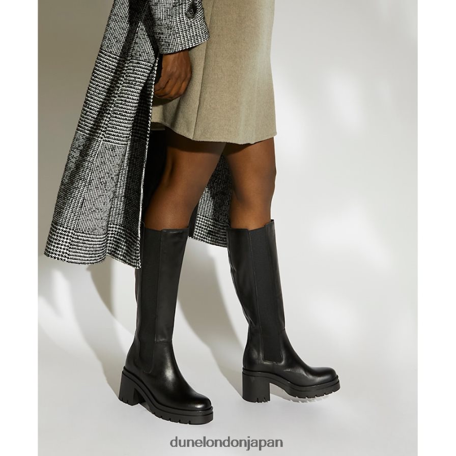 時間 レザーブロックヒールニーハイブーツ 黒 女性 Dune London 4JB82R311