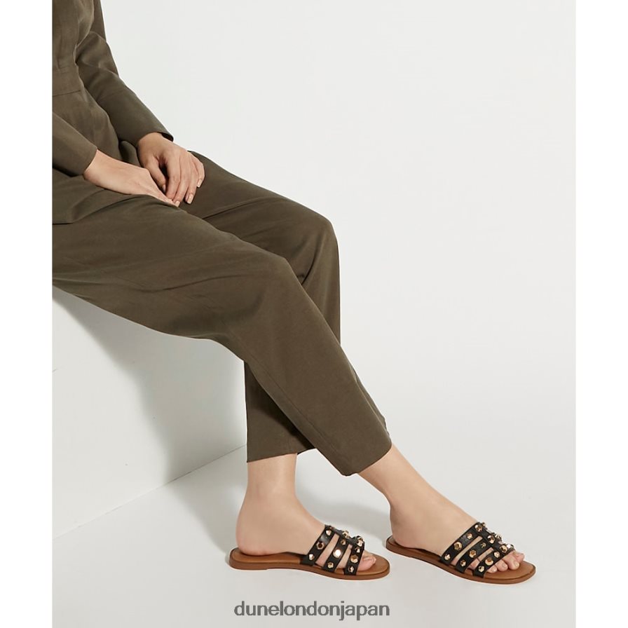 少し スタッドストラップ レザーフラットサンダル 黒 女性 Dune London 4JB82R52