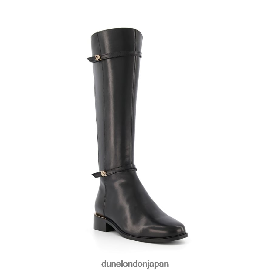 タップ ワイドフィット ダブルバックル ライディングブーツ 黒 女性 Dune London 4JB82R604