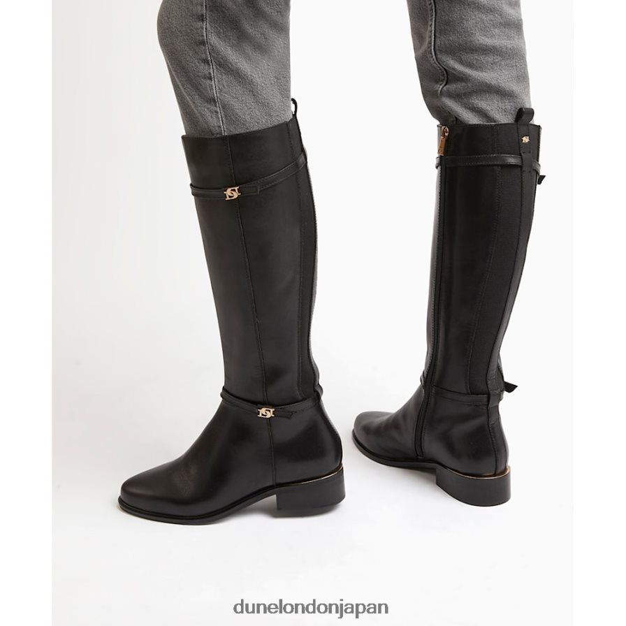タップ ワイドフィット ダブルバックル ライディングブーツ 黒 女性 Dune London 4JB82R604
